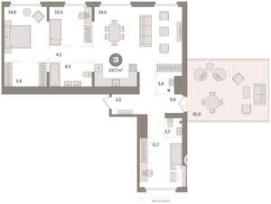 3-к квартира, вторичка, 134м2, 7/9 этаж