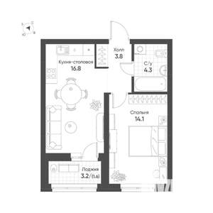 1-к квартира, строящийся дом, 41м2, 9/16 этаж