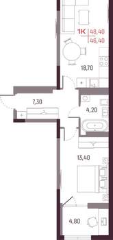 1-к квартира, вторичка, 46м2, 23/25 этаж