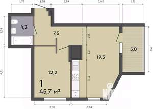 1-к квартира, строящийся дом, 46м2, 18/19 этаж