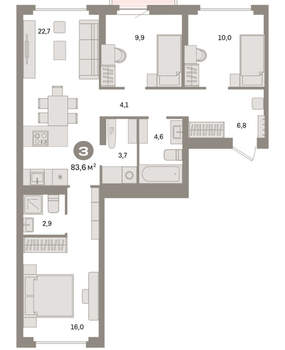 3-к квартира, вторичка, 84м2, 7/9 этаж