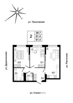 2-к квартира, вторичка, 60м2, 13/19 этаж