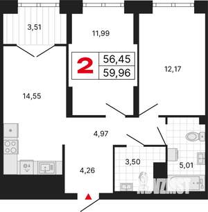 2-к квартира, вторичка, 60м2, 14/25 этаж