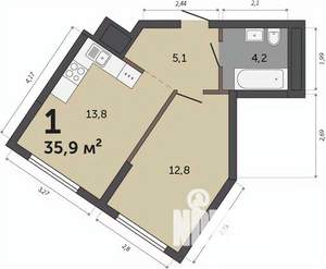 1-к квартира, строящийся дом, 36м2, 17/30 этаж