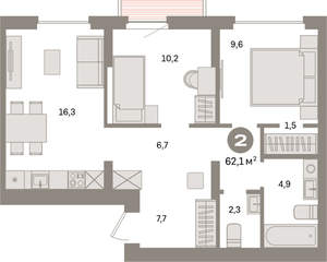 2-к квартира, вторичка, 62м2, 6/9 этаж