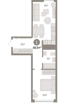 1-к квартира, вторичка, 49м2, 6/16 этаж