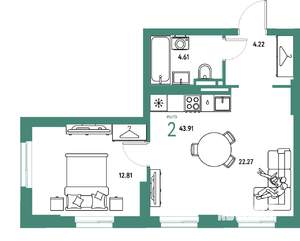2-к квартира, строящийся дом, 44м2, 3/24 этаж