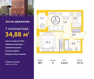 1-к квартира, вторичка, 35м2, 5/12 этаж