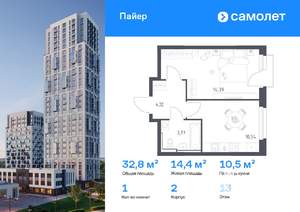 1-к квартира, вторичка, 33м2, 13/16 этаж
