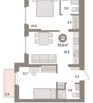 2-к квартира, вторичка, 53м2, 5/16 этаж