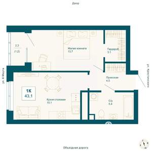 1-к квартира, вторичка, 43м2, 17/21 этаж