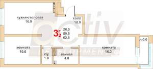 2-к квартира, вторичка, 60м2, 4/16 этаж