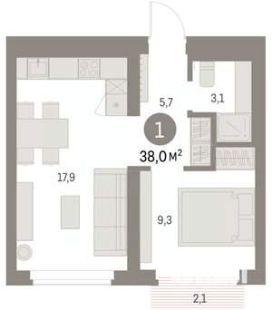 1-к квартира, вторичка, 38м2, 2/9 этаж