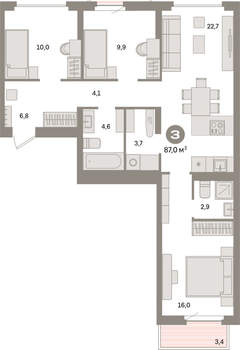 3-к квартира, вторичка, 87м2, 4/9 этаж