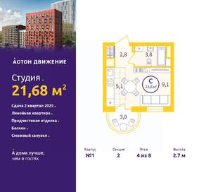Студия квартира, вторичка, 22м2, 4/12 этаж