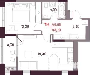 1-к квартира, вторичка, 46м2, 16/25 этаж