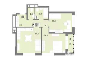 2-к квартира, строящийся дом, 59м2, 9/23 этаж