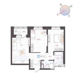 2-к квартира, строящийся дом, 63м2, 13/25 этаж