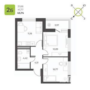 2-к квартира, строящийся дом, 44м2, 6/16 этаж