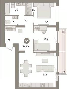2-к квартира, вторичка, 74м2, 5/9 этаж