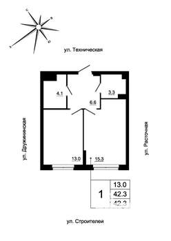 1-к квартира, строящийся дом, 42м2, 8/19 этаж