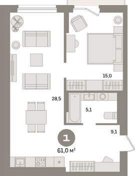 1-к квартира, вторичка, 61м2, 8/17 этаж