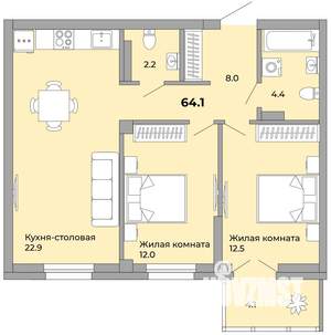 2-к квартира, сданный дом, 64м2, 7/21 этаж