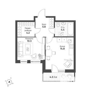 1-к квартира, строящийся дом, 42м2, 9/15 этаж