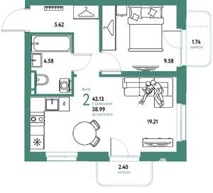 2-к квартира, строящийся дом, 43м2, 9/24 этаж