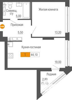 1-к квартира, строящийся дом, 44м2, 12/25 этаж