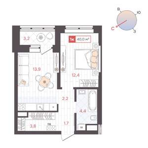 1-к квартира, строящийся дом, 40м2, 6/25 этаж
