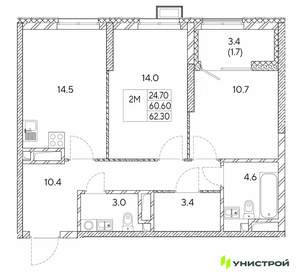 2-к квартира, вторичка, 62м2, 19/30 этаж