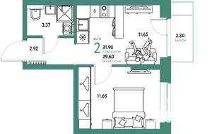 2-к квартира, строящийся дом, 32м2, 9/25 этаж