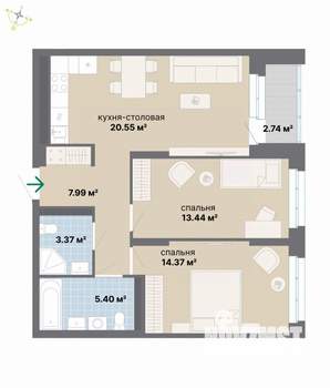 2-к квартира, вторичка, 68м2, 13/26 этаж