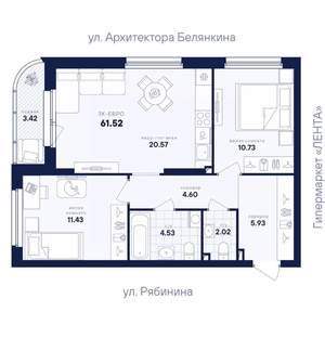 2-к квартира, вторичка, 62м2, 21/26 этаж