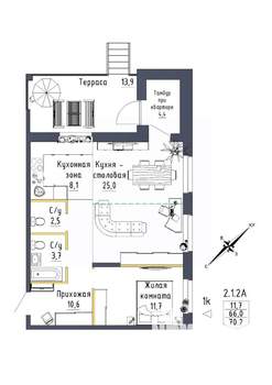 2-к квартира, строящийся дом, 70м2, 1/9 этаж