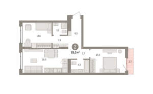 2-к квартира, вторичка, 70м2, 3/25 этаж