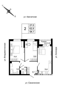 2-к квартира, вторичка, 64м2, 8/24 этаж