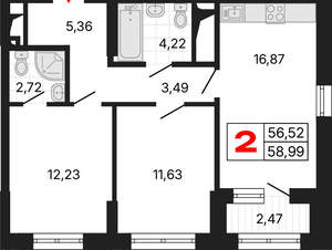 2-к квартира, вторичка, 59м2, 10/25 этаж