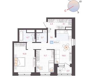 2-к квартира, вторичка, 67м2, 19/25 этаж
