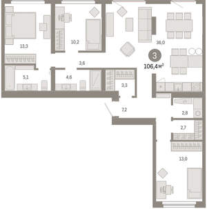 3-к квартира, вторичка, 106м2, 5/9 этаж