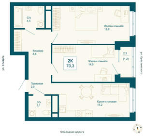 2-к квартира, вторичка, 70м2, 2/21 этаж