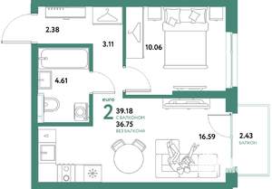 2-к квартира, вторичка, 39м2, 5/21 этаж