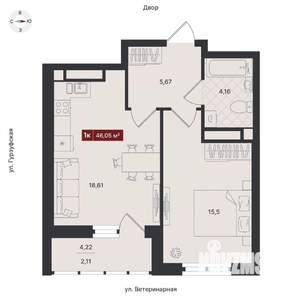 1-к квартира, вторичка, 46м2, 13/24 этаж