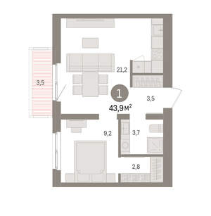 1-к квартира, вторичка, 44м2, 3/15 этаж