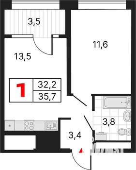 1-к квартира, строящийся дом, 36м2, 17/28 этаж