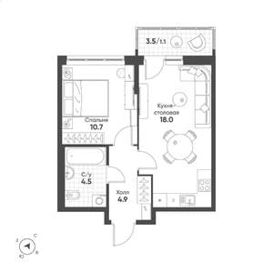 1-к квартира, строящийся дом, 39м2, 3/15 этаж