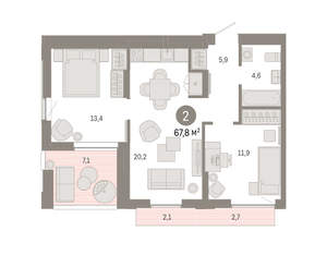 2-к квартира, вторичка, 68м2, 13/16 этаж