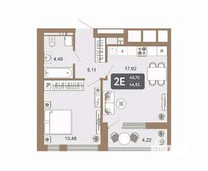 2-к квартира, строящийся дом, 41м2, 13/22 этаж