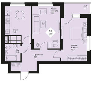 2-к квартира, вторичка, 60м2, 19/25 этаж